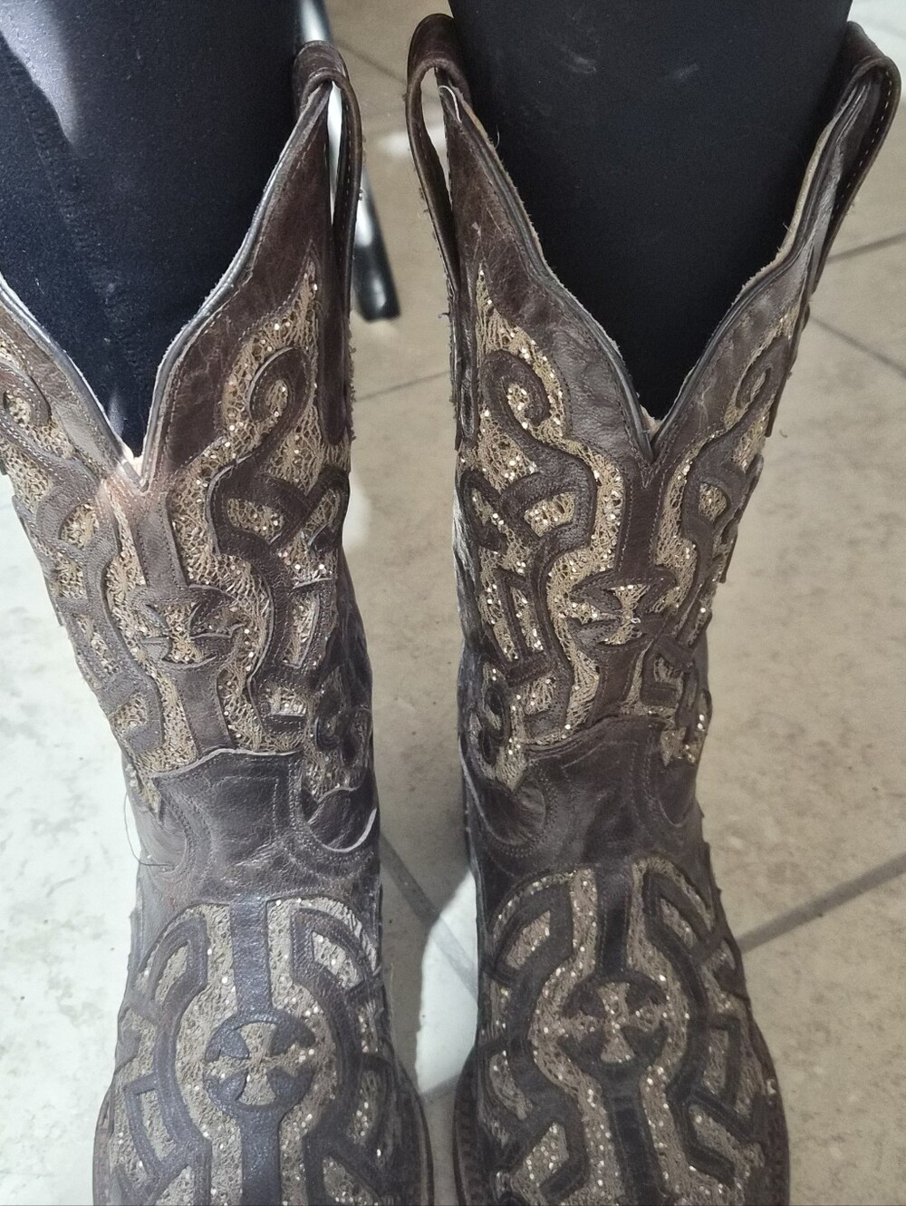 Women’s Tanner Mark Brown Glitter Embroidered Western Boots